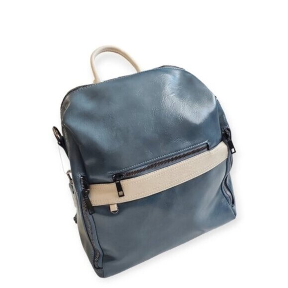Faux Leather Blue Grayish Backpack - Picture 1 of 12